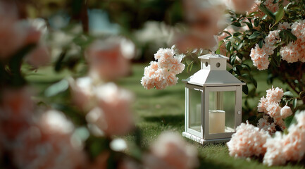 White lantern sits among blooming flowers creating peaceful garden scene with nature.