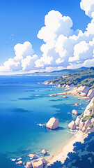 果てしない水平線と透明感のある青空が広がる海辺の風景に、どこか懐かしい光が降り注ぐ情景を描いたパノラマ構図のイラスト背景素材