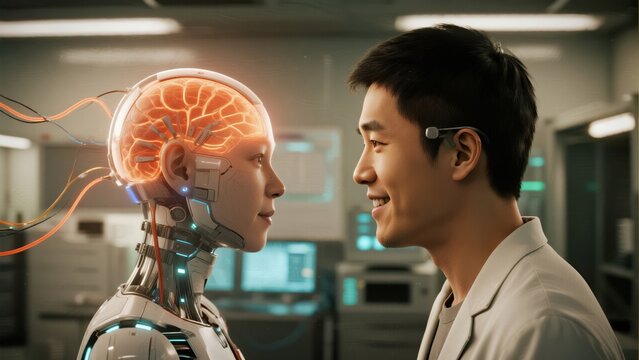 robot wearing a Brain-Computer Interface (BCI) with scientist