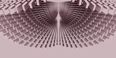 3d rendering of abstract architectural structure with repeating rectangular blocks forming a dynamic curved tunnel.
