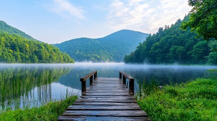 Fototapeta premium Serene misty morning at Lacu Rosu lake, a wooden dock extends into the calm, fog-shrouded water reflecting the lush green summer mountains and tranquil atmosphere.