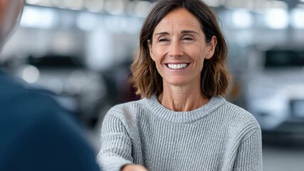 Smiling woman engaging in handshake inside modern car showroom, bright atmosphere