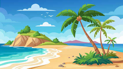 Obraz premium Tropical island paradise with palm trees and blue ocean