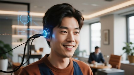 person wearing a Brain-Computer Interface (BCI) and smiling