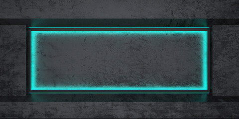 3d rendering concrete wall with glowing neon frame. Futuristic industrial background with cyan light border.