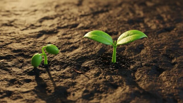 A Close-Up View of Two Seedlings Growing on Soil, Showcasing the Beauty of Nature's Development from Seed to Plant in Gentle Light