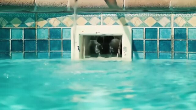 Pool skimmer with water flowing into it, surrounded by blue patterned tiles, with blurred pool water in the foreground