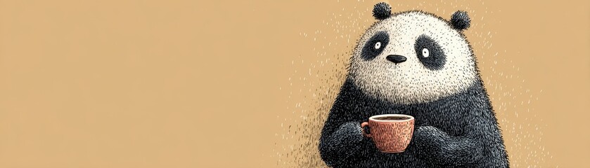 Panda sipping tea cozy corner illustration soft colors close-up relaxation tranquil scene serene atmosphere