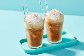 Top-Down View of Root Beer Floats with Straws on Pastel Mint Surface