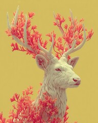 Majestic deer sculpture surrounded by vibrant coral flora artistic display abstract environment close-up view