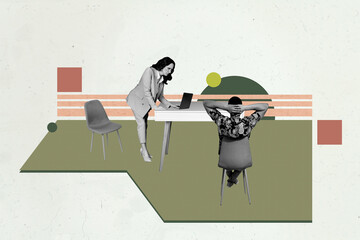 Trend artwork template design 3D collage sketch of aged woman stand work laptop man sit armchair...