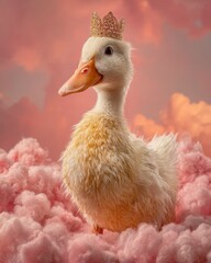 Majestic duck in a crown fantasy clouds photography dreamy atmosphere close-up whimsical concept