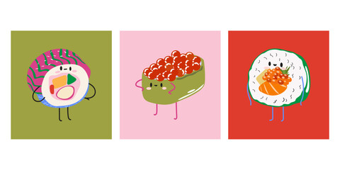 Asian food modern poster set in cartoon kawaii style. Flat cute sushi characters with rice, salmon, tuna, tiger prawn, caviar, fish, avocado and seaweed. Vector illustration
