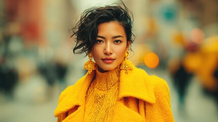 Street fashion portrait of woman in yellow outfit in urban setting vibrant colors outdoor close-up view