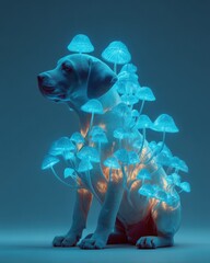 Illuminated dog surrounded by bioluminescent mushrooms studio digital art creative close-up fantasy