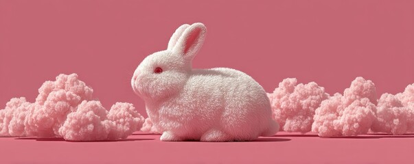 Playful white bunny on pink background studio setting 3d render whimsical environment close-up view cute concept