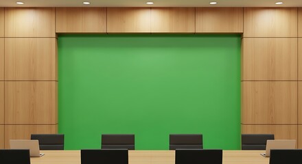 Modern conference room interior with a large green screen for virtual presentations and business meetings. Corporate boardroom concept.
