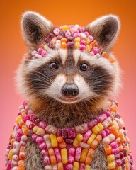 Whimsical raccoon dressed in candy studio setting colorful portrait playful environment close-up view fun concept