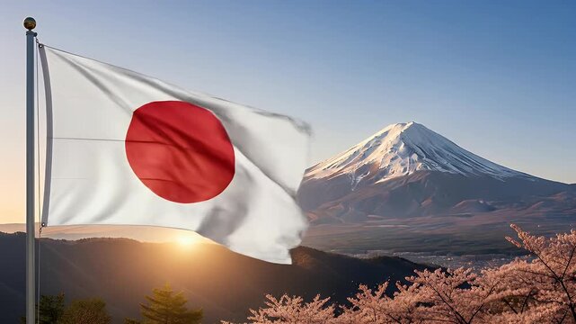 The Japanese flag waves proudly over a scenic landscape with Mount Fuji and cherry blossoms at sunrise.