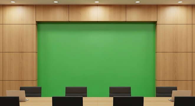 Modern conference room interior with a large green screen for virtual presentations and business meetings. Corporate boardroom concept.