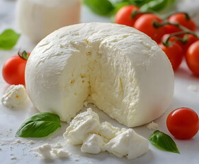 Delicious fresh mozzarella cheese with vine-ripened cherry tomatoes and basil on a white background