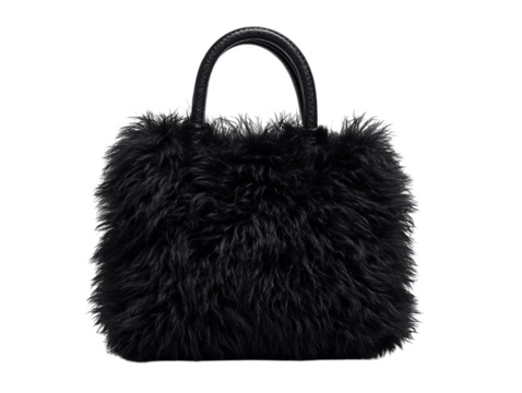 PNG Of Luxurious black fluffy handbag with soft fur texture, perfect for adding a chic touch to any outfit.
