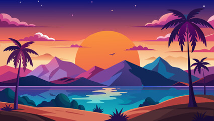 Vibrant tropical sunset over mountains and ocean