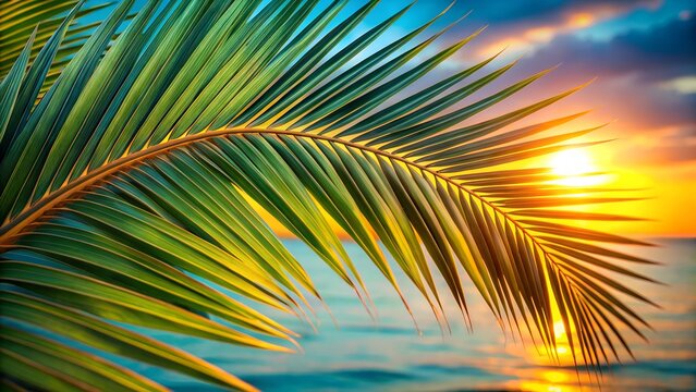 A lush green palm frond frames a vibrant sunset over the tropical ocean, casting golden light on the water - Powered by Adobe