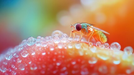 Close-up of a fruit fly on a colorful fruit surface