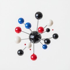 Abstract molecular structure model with colorful spheres and metallic rods representing atoms and bonds in a complex scientific or medical illustration perfect for educational or