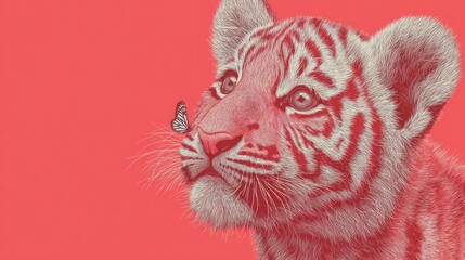 Curious tiger cub interacting with butterfly in vibrant coral background wildlife art whimsical environment