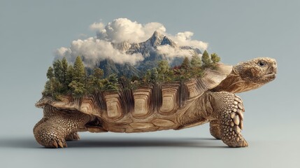 Nature-inspired sculpture of a turtle with mountain landscape artistic creation studio environment creative viewpoint
