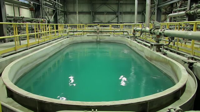 Gold Ore Cyanide Leaching Tank Interior with Cyan Liquid in Industrial Zone Featuring Yellow Handrails Pipes and Complex Metal Structures Perfect for Illustrating Mining and Wastewater Treatment