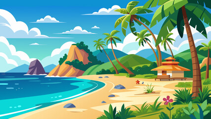 Obraz premium Vibrant tropical beach scene with palm trees and a hut