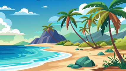 Obraz premium Tropical paradise beach scene with palm trees and ocean waves