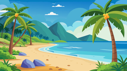 Fototapeta premium Tropical beach paradise with palm trees and mountains