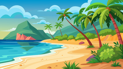 Obraz premium Vibrant tropical beach scene with palm trees and mountains