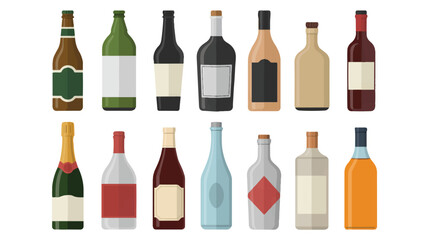 A flat, minimalist illustration of 12 different alcohol bottles arranged in two rows against a white background 