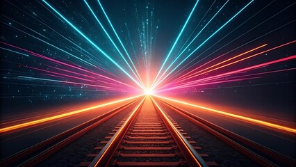 Futuristic Train Tracks with Neon Lights Leading to a Bright Horizon