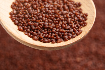 Chocolate coffee spice granules in wooden spoon close up
