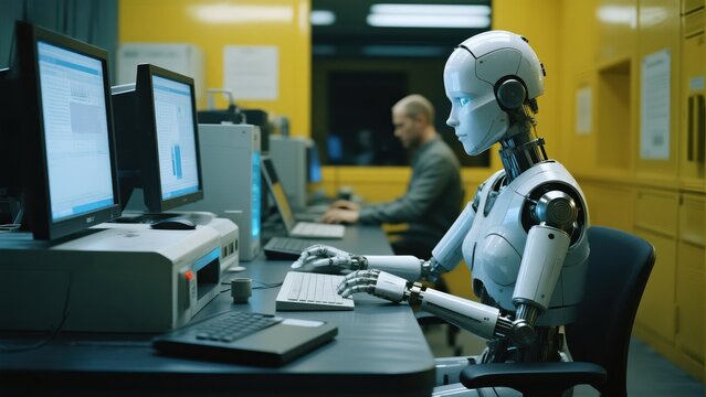 A robot is sitting at a desk working with computer in an office environment