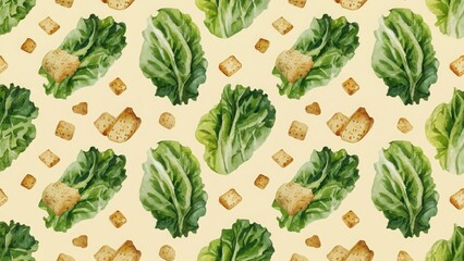 Seamless watercolor pattern with Caesar salad