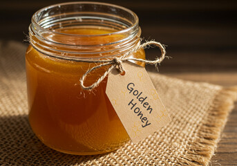 A glass jar filled with golden honey and a tag sitting on a burlap sack on a wooden surface