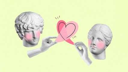 Bright collage of two antique statue heads with hands holding pink heart on pastel yellow background. Concept of social media visuals, creative SMM, art print culture, and youth campaigns.