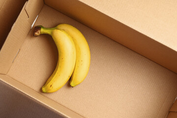 Ripe bananas in shipping cardboard box. Two yellow tropical fruits in open package