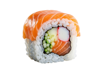 Close-up of a colorful sushi roll on a black background.