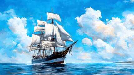 A majestic historical tall ship yacht sails gracefully on a vibrant blue sea under a picturesque watercolor sky filled with fluffy white clouds creating a breathtaking maritime
