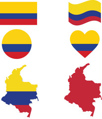 Colombia flag and map set. Colombia flag in official colours and proportions. independence day 20 July, map, circle and heart shaped Colombia.