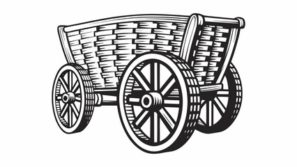 Illustration of a vintage wooden cart with woven basket and spoked wheels in black and white drawing style