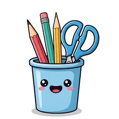 A cartoon pen holder with pencils and scissors smiling on a white background illustration